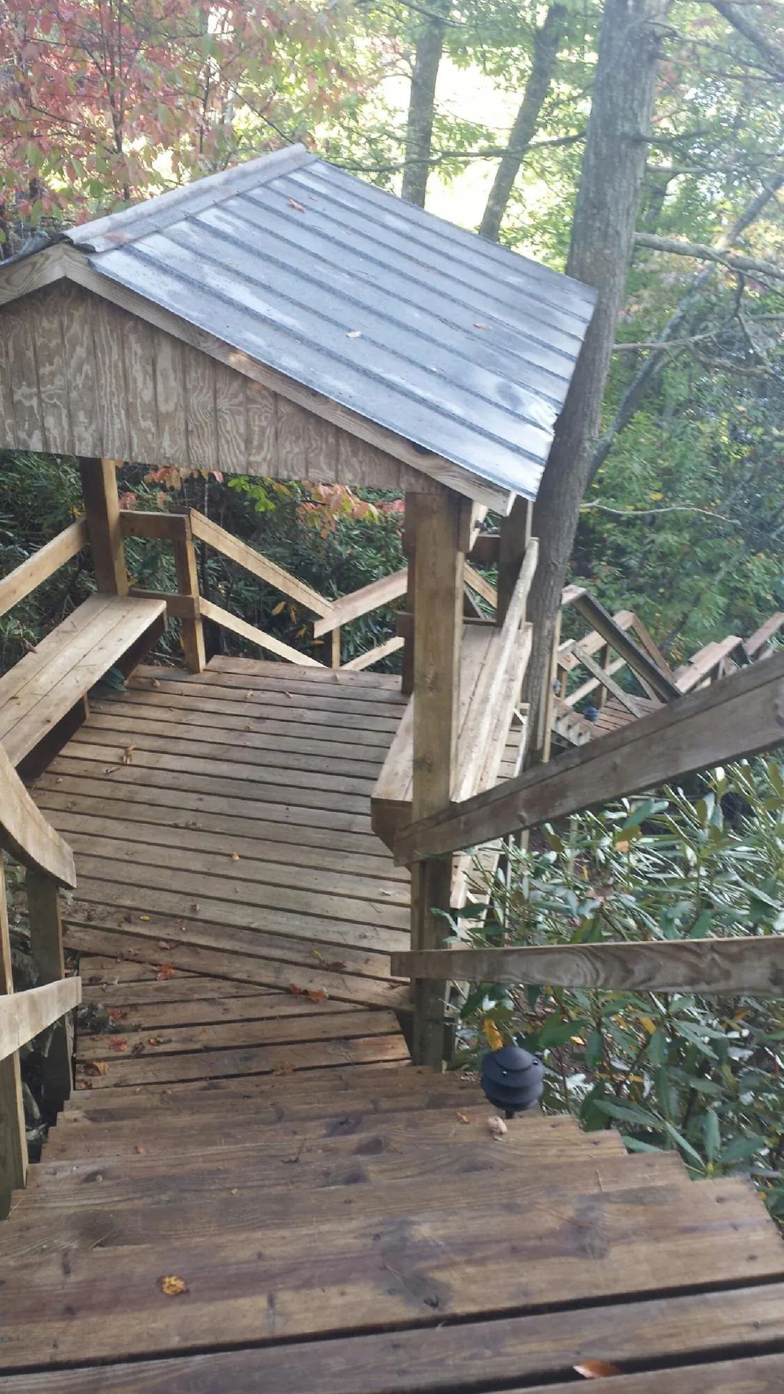 Metal roofed shelter over wooden steps on a wooded walkway — Skylight Repair & Installation work by our crew in Otho